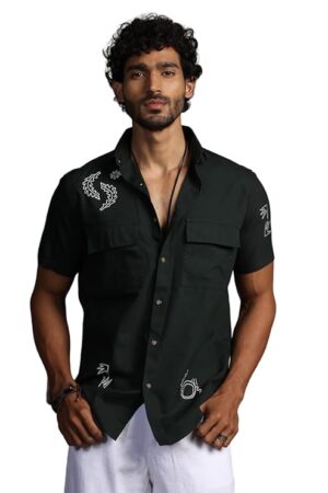 Thomas Scott Men's | Embroidered Printed | Half Sleeve | Regular Fit | 100% Cotton | Double Pocket | Spread Collar | Casual Shirt