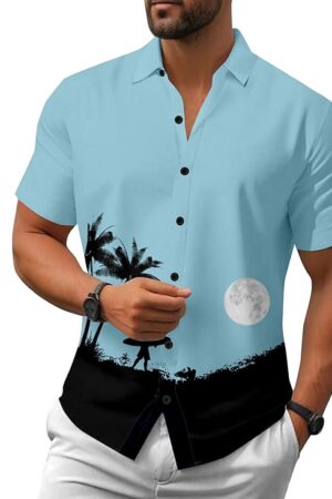 Le Pery Men's Hawaiian Beach Print Button Down Shirt, Short Sleeve, Light Blue with Moon and Palm Tree Design Men Shirt