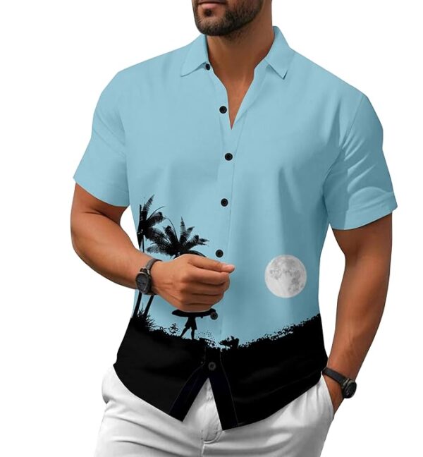 Le Pery Men's Hawaiian Beach Print Button Down Shirt, Short Sleeve, Light Blue with Moon and Palm Tree Design Men Shirt