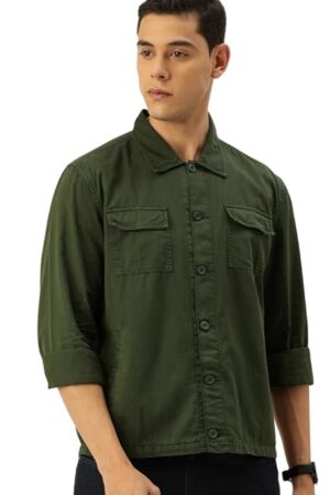 The Indian Garage Co Men's Cotton Slim Fit Solid Full Sleeves Cutaway Collar Casual Over Shirt