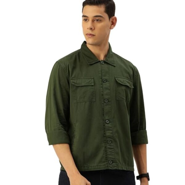 The Indian Garage Co Men's Cotton Slim Fit Solid Full Sleeves Cutaway Collar Casual Over Shirt