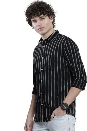 The Indian Garage Co Men's Cotton Regular Fit Striped Full Sleeves Cutaway Collar Casual Shirt