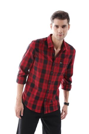 The Indian Garage Co Men's Cotton Regular Fit Checkered Full Sleeves Spread Collar Casual Shirt