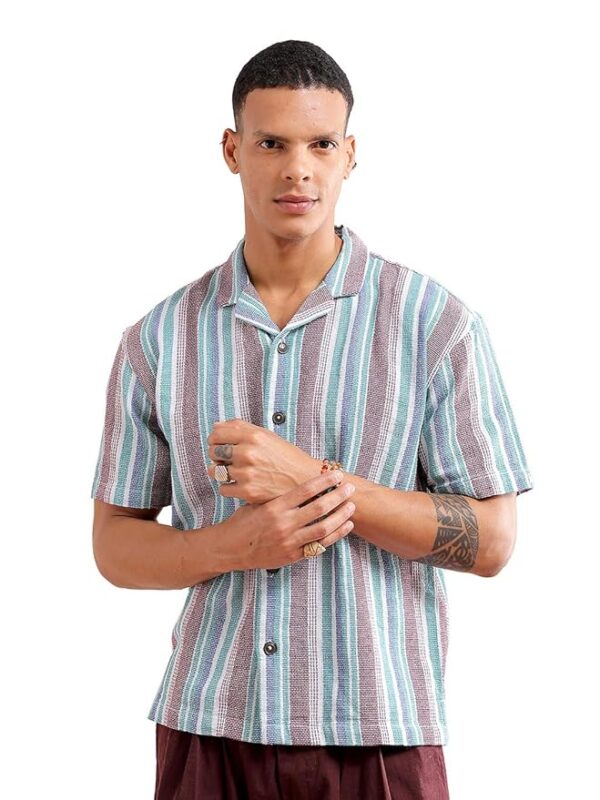 The Indian Garage Co Men Relaxed Fit Striped Half Sleeves Cuban Collar Resort Wear Shirt