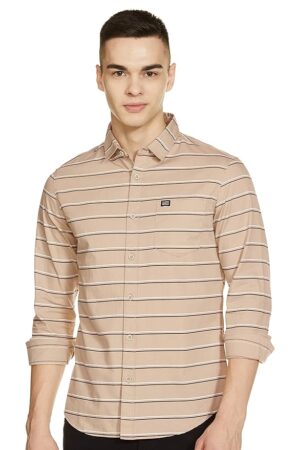 The Indian Garage Co Men's Cotton Slim Fit Striped Full Sleeves Spread Collar Casual Shirt